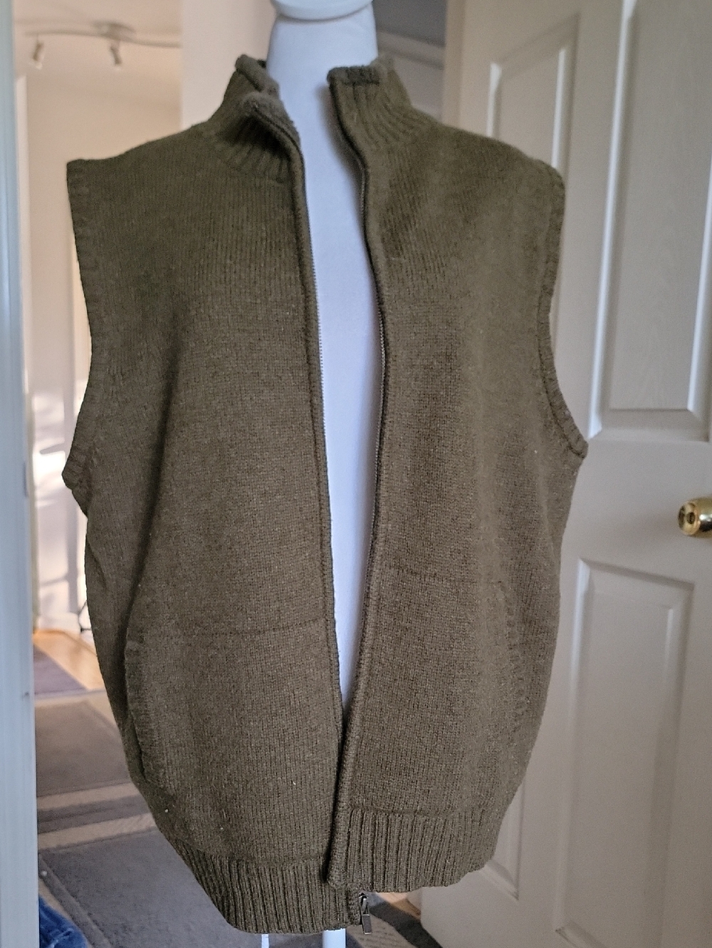 Ll Bean Olive Green Zip Front Knit Vest Large